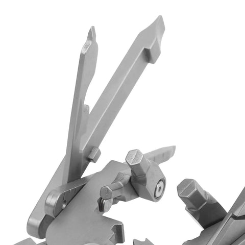 Close-up of Beefy 25 Inch Stainless Steel Folding Multitool Kit with various extended tools, including wrench and screwdrivers.
