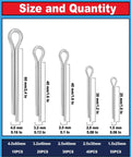 Diagram showing 150 Piece Cotter Pin Assortment Kit With 304 Stainless Steel Pins In 5 Sizes, labeled dimensions and quantities.