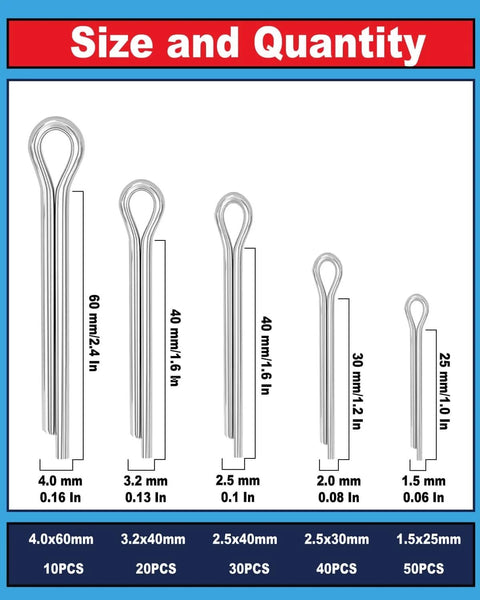 Diagram showing 150 Piece Cotter Pin Assortment Kit With 304 Stainless Steel Pins In 5 Sizes, labeled dimensions and quantities.