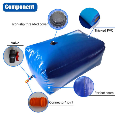 Foldable Soft PVC Water Storage Bag With Spout showing components like valve, non-slip cover, and thicked PVC material