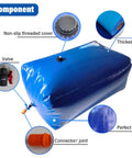 Portable Water Bladder Tank for RV Truck Camper Emergency Rainwater Collection Garden Irrigation and Home Water Storage showing PVC material.
