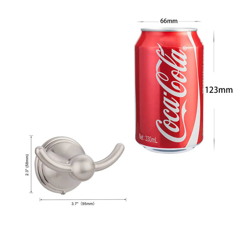 Brushed Nickel Wall Mount Towel Hooks Set, Traditional Robe And Towel Hooks For Bathroom next to soda can for size comparison, 2 Pack.