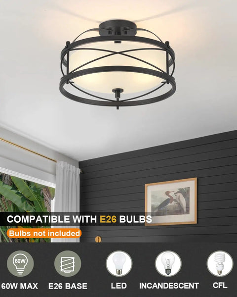Industrial Vintage Semi Flush Mount Ceiling Light With Two Cage Drum Light Fixtures In Old Bronze Finish for Living Room