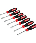 Seven Piece Nut Driver Set With Extended Reach Hollow Shaft For Fast Turning SAE And Metric Sizes Includes Speed Torque And Tactile Zones Garage Ready Pro Grade Black Finish For Home Garage And Pro Use displayed diagonally