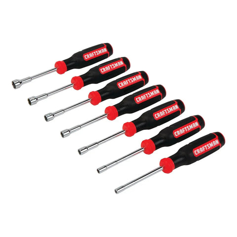 Seven Piece Nut Driver Set With Extended Reach Hollow Shaft For Fast Turning SAE And Metric Sizes Includes Speed Torque And Tactile Zones Garage Ready Pro Grade Black Finish For Home Garage And Pro Use displayed diagonally