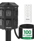 Outdoor Remote Control Power Strip With 100 Foot Waterproof Extension Cord And Six Independently Controlled Grounded Outlets For Outdoor Decor, 14 AWG Heavy Duty 15A 1875W ETL Listed