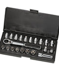Pro-Grade Pass-Thru Socket Set With 3/8 Inch Drive, 21-Piece Metric And SAE Sockets, Quick-Release Adapters, Black Storage Case Open