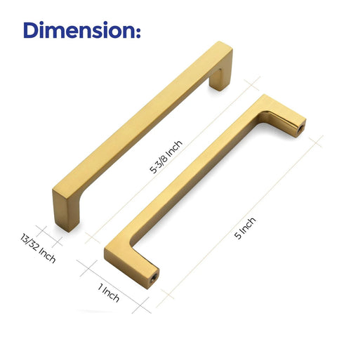 Dimensions of Solid Five Inch Square Cabinet Handles 10 Pack Brushed Brass Drawer Pulls for Kitchen Cabinets showing 5 inch spacing.