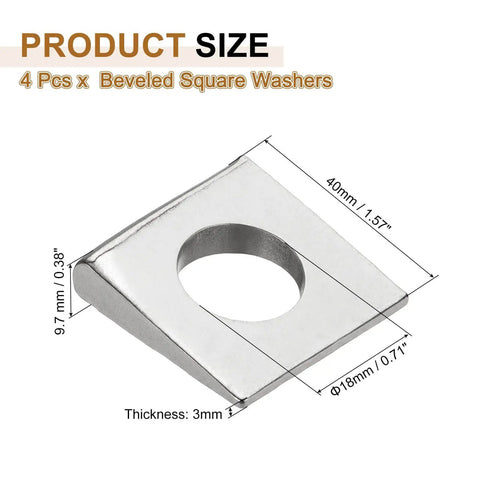 Beveled Square Washer Set 4 Pack for M18 Bolts with 20x40 mm Inner Diameter and 40 mm Width 3 mm Thick 9.7 mm High 304 Stainless Steel Silver PATIKIL