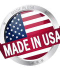 Made in USA badge with American flag design and metallic border.
