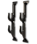 Side view of black rear window truck gun rack that is built to hold two rifles or shotguns or bows, adjustable from 9.5 to 16.5 inches.
