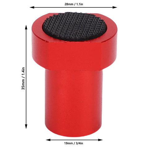 Red aluminum Three Quarter Inch Bench Dog Positioning Clamp Tool Set With Two Bases, non-slip pad detail, 3/4 inch size.
