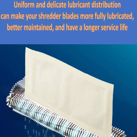 Shredder lubrication sheet, part of Shredder Lubrication Sheets Pack Of 30 For All Shredders, placed on shredding blades.