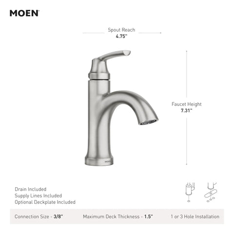 Image of Wellton No-Fuss One-Handle Bathroom Faucet in Spot Resist Brushed Nickel with dimensions and installation details displayed.