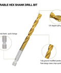Close-up of titanium-coated HSS twist drill bit with hex shank and quick change design, featuring 135-degree split point.