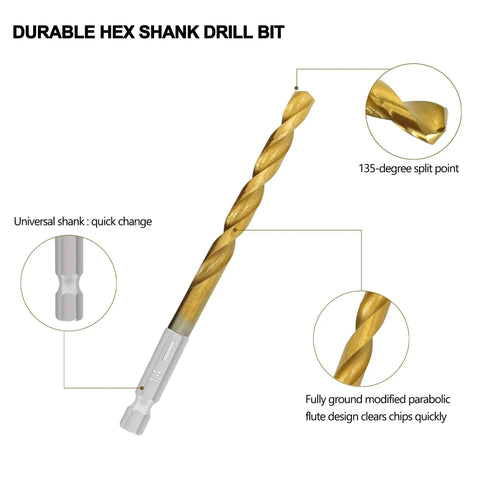 Close-up of titanium-coated HSS twist drill bit with hex shank and quick change design, featuring 135-degree split point.