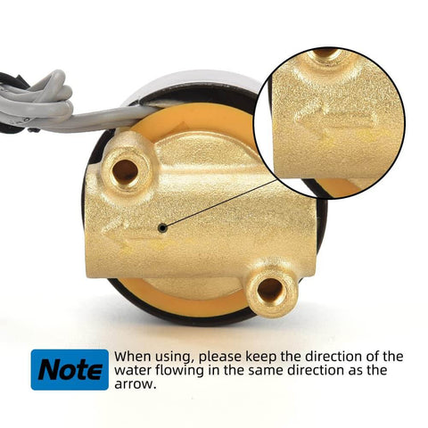 Brass Electric Solenoid Valve 12V Quarter Inch Port Normally Closed with flow direction arrow and wiring