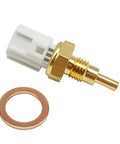Engine coolant temperature sensor with brass threaded body and white plastic connector, plus copper washer
