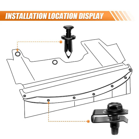 Installation location display for Badass Garage Ready Heavy Duty Auto Bumper Fender Liner Push Clip U Nut Bolt Fastener Rivet Repair Kit.