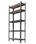 Heavy Duty 5 Tier Metal Shelving Rack Rock Solid Garage Storage Rig With Reinforced Steel Frame Built Tough For Heavy Tools Equipment And Shop Organization, black metal with wooden shelves.