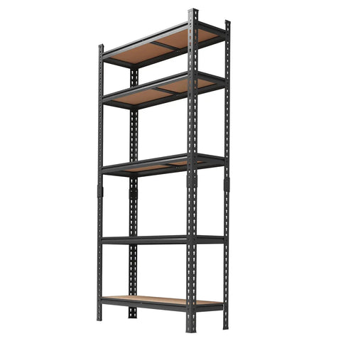 Heavy Duty 5 Tier Metal Shelving Rack Rock Solid Garage Storage Rig With Reinforced Steel Frame Built Tough For Heavy Tools Equipment And Shop Organization, black metal with wooden shelves.