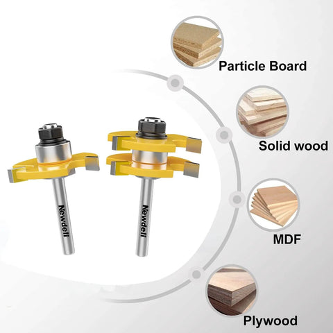 Tongue And Groove Router Bit Set For One Quarter Inch Shank, Two Pack, Built For Three Quarter Inch Stock, Shown with Compatible Materials