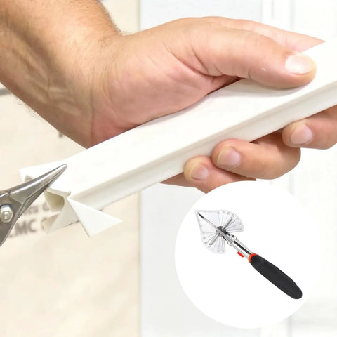 Versatile Dope Miter Shears With Spare Blades cutting white trim, non-slip grip handle visible for DIY projects and crafts