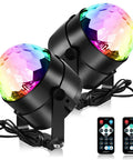 Two Disco Ball Party Lights With Remote, Sound Activated DJ Stage Strobe, 7 Color LED Lighting In Red Green Blue, Auto And Music Modes