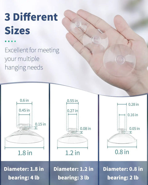 Person holding small rubber suction cups for glass 30 pack assorted sizes 0.8 1.2 1.8 inch multipurpose holders with size chart.