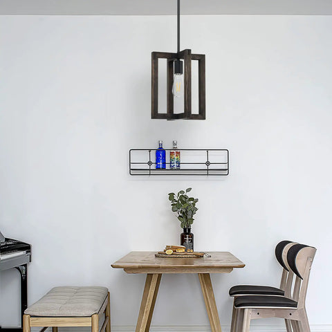 Three Pack One Light Cozy Farmhouse Natural Pine Wood Hanging Pendant Lights With Black Metal Frame in dining area
