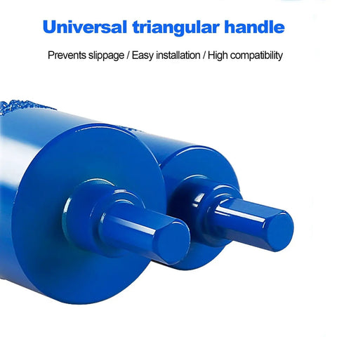 Two blue core bits from the Ten Piece Diamond Hole Saw Kit For Ceramic, Marble, Granite And Glass With Pro Grade Heavy Duty Brazed Core