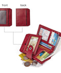 Women Leather Wallet RFID Blocking Small Bifold Zipper Pocket Card Case Purse With ID Window Red showing card slots and zipper pocket