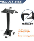 Heavy Duty Bench Grinder Stand With Vise Mount And Drill Press Ready Base Built Tough Shop Workhorse For Weekend Warriors With Sturdy Steel Construction And Comfortable Height, showing dimensions 12x10in base and 34.5in height.