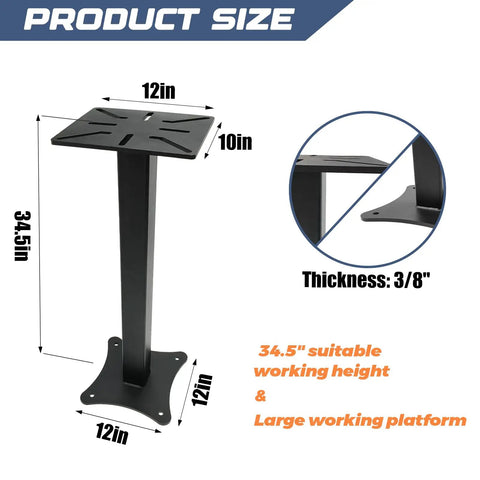 Heavy Duty Bench Grinder Stand With Vise Mount And Drill Press Ready Base Built Tough Shop Workhorse For Weekend Warriors With Sturdy Steel Construction And Comfortable Height, showing dimensions 12x10in base and 34.5in height.