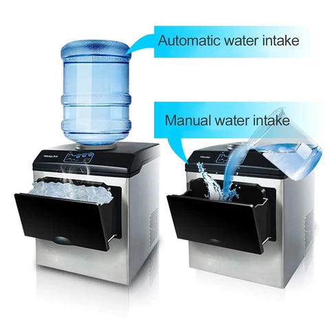 Clean Countertop Ice Maker Combo With Glowing Led Screen And Soft Touch Controls shows automatic and manual water intake features.