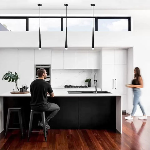 Black LED Pendant Lights 3 Pack Dope Modern Conical Dimmable Pendant Lighting With Acrylic Shade in minimalist kitchen