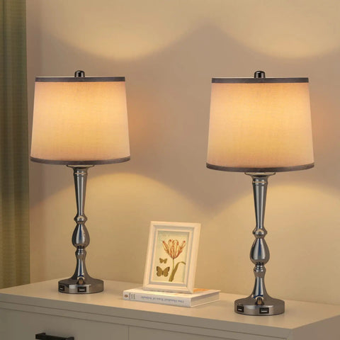 Industrial USB Table Lamp Set Of 2 With Dope Dual USB Charging Ports, gray bedside lamps on a nightstand