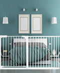 Walk Through Baby Gate For Narrow Doorways With Auto Close Pressure Mounted White Metal Safety Gate For Stairs Doorways Kitchen And Living Room Extends From 24.02 To 81.50 Inches 180 Degree Two Way Opening installed in doorway