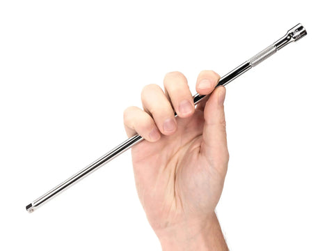 Hand holding Quarter Inch Drive 12 Inch Extension With Knurled Grip For Quick Start And Turning Loosened Fasteners Chrome Plated Beveled Drive End
