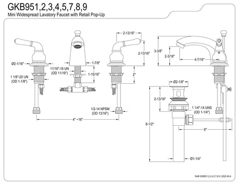 Technical diagram of Magellan Mini Widespread Lavatory Faucet With Pop Up Drain Deck Mounted Four To Eight Inch Spread Three Hole Installation Polished Chrome One Half Inch IPS Connection One Point Two GPM illustrating dimensions and installation details.