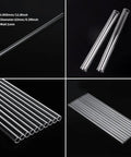 Transparent glass tubes displayed on a black background showing dimensions for lab use, related to 5 Piece Test Tube Cleaning Brush Set Size S M L For Lab Glassware, 19mm And 34mm Diameters, Long Bristles For Thorough Tube Wash In Chemistry Beakers And Tubes Your Go To Lab Cleanup Kit