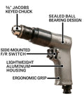 Three Eighths Inch Pneumatic Reversible Drill With Variable Speed Up To 2000 RPM Sealed Ball Bearing Design Ergonomic Tool