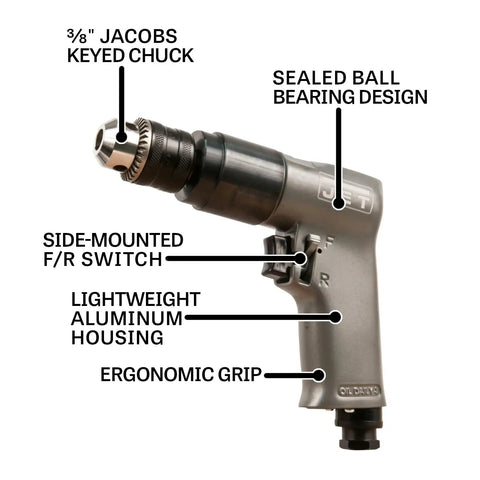 Three Eighths Inch Pneumatic Reversible Drill With Variable Speed Up To 2000 RPM Sealed Ball Bearing Design Ergonomic Tool