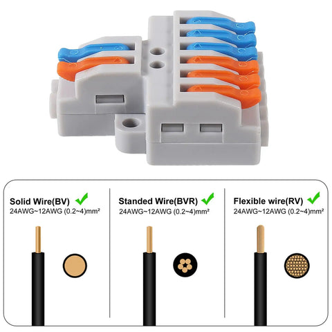 Image of 10Pcs 2 In 6 Out Lever Wire Connector Kit for DIY Quick Connect Push In Splitter Blocks, with wire gauge info.