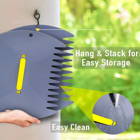 Leaf Scoops Hand Rake Set 2 Pack, Lightweight Leaf Grabber And Picker Upper, grey with yellow handles, hanging for storage