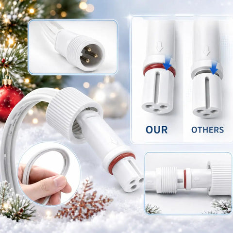 Close-up of Two Pack 13 Foot IP68 Waterproof 3 Pin Extension Cables for Smart Outdoor String Lights, showcasing connectors and build quality.