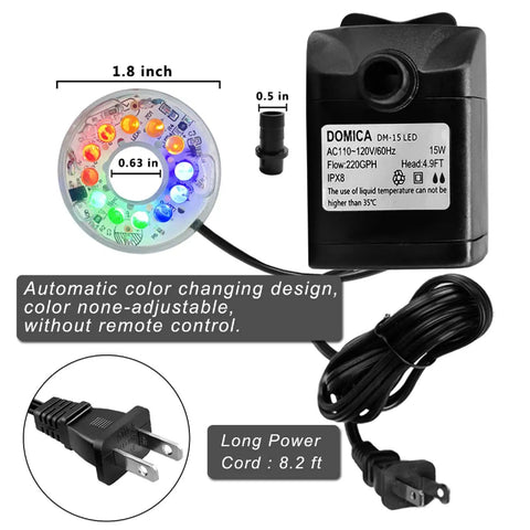 Go-To 15W Submersible Fountain Pump With LED Light, power cord, and color LED ring, 800 L/H flow, for gardens, ponds.