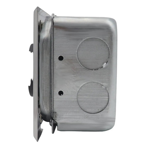 Industrial Grade Nema 10-30R Power Outlet With Surface And Flush Mount Options, galvanized steel side view with dual mounting holes.