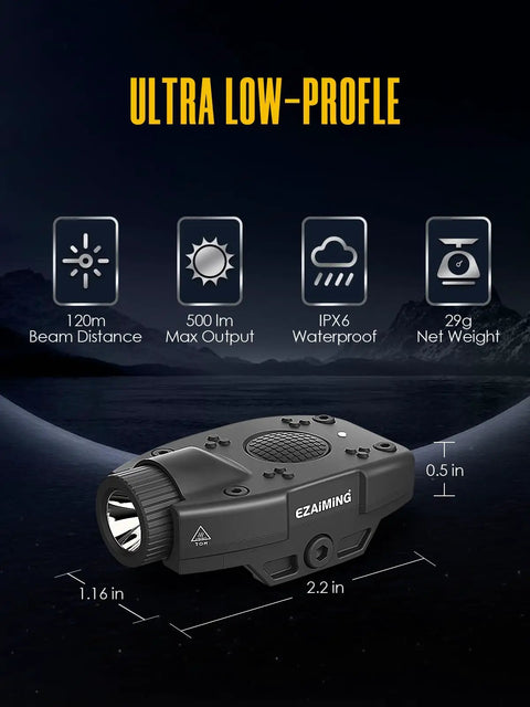 Ultra Compact Rifle Light And Helmet Mounted For Picatinny Rails, Ultra Lightweight Under 30g, side view with dimensions