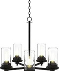 Five Head Modern Farmhouse Chandelier LED Black for Dining Room with glass shades and sleek black finish.